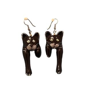 Vintage Wooden Lacquer Black Cat Earrings